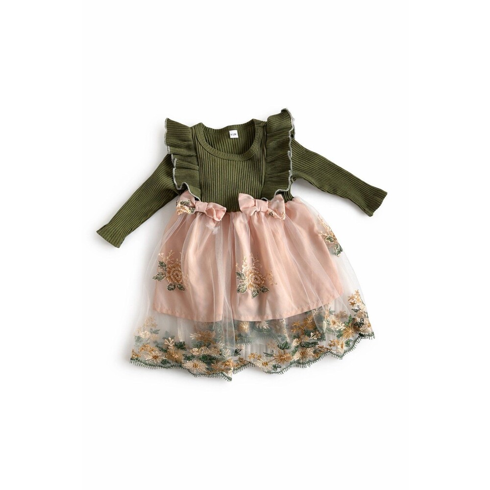 Boutique Baby Girl Dress 9-12M Pink Tulle Floral Embroidered Olive Ribbed Boho